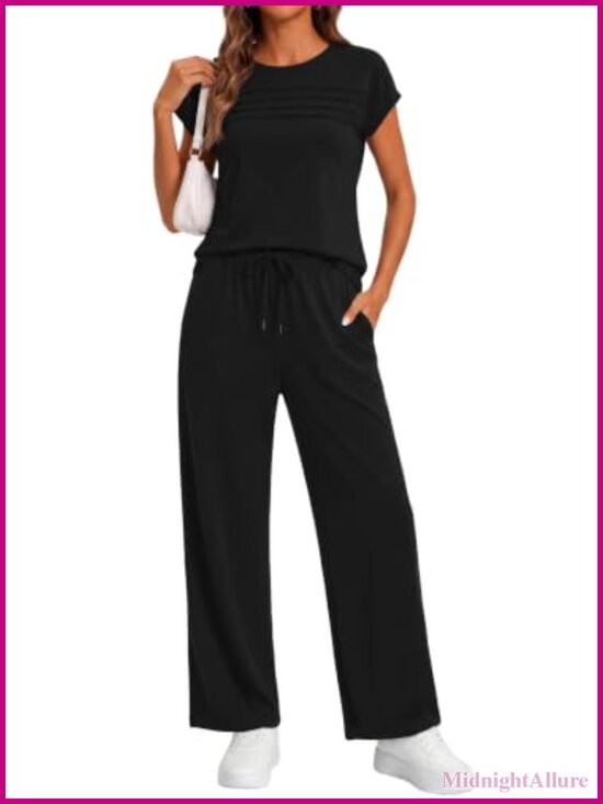 Pants - Women's 2 Piece Lounge Set Wide Leg Pants Striped Cap Sleeve Travel Outfit with